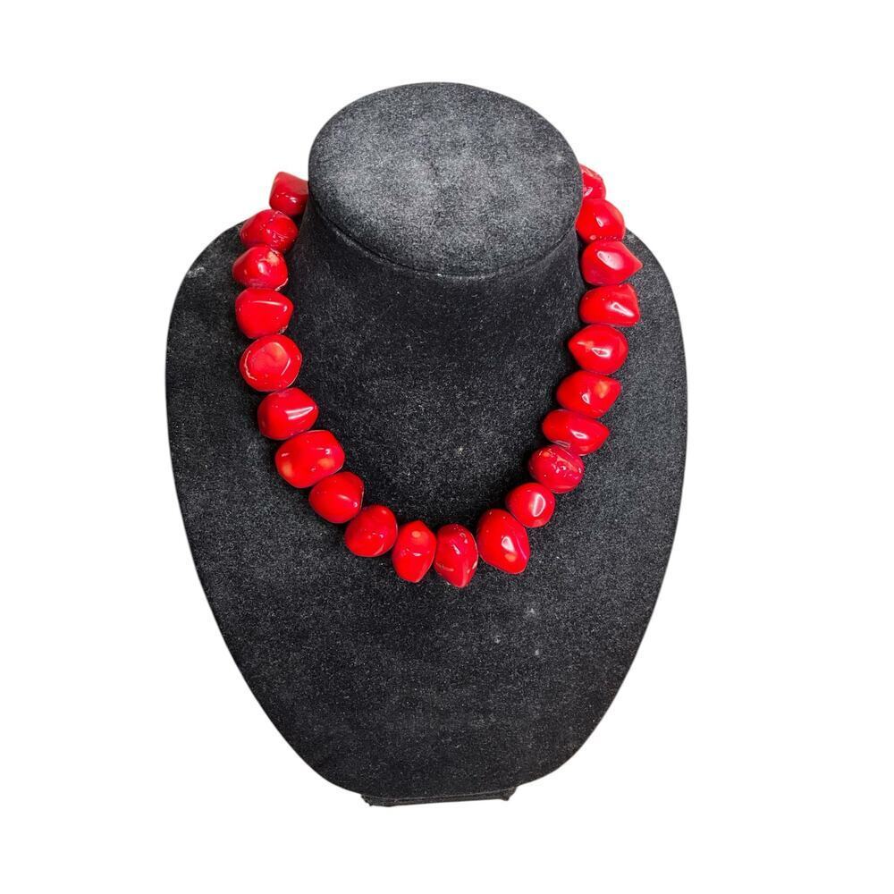 Womens Handmade Red Stone Coral Necklace 18"Long Silver Tone Toggle Closure NEW